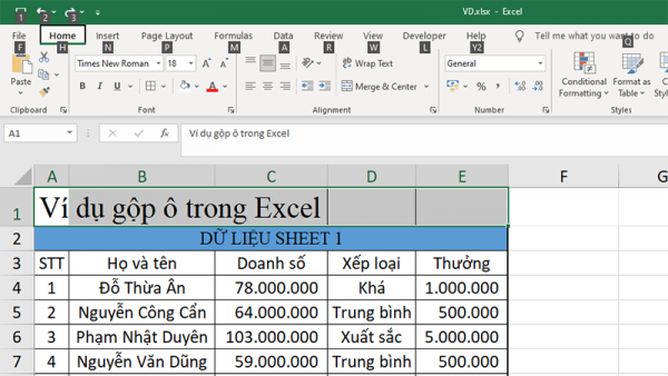 phím tắt gộp ô trong Excel