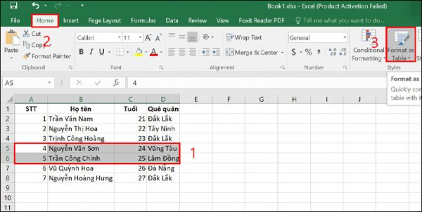 phím tắt Insert dòng trong Excel