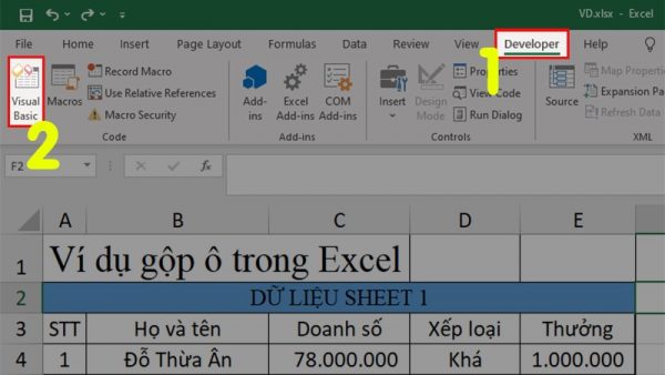 phím tắt gộp ô trong Excel